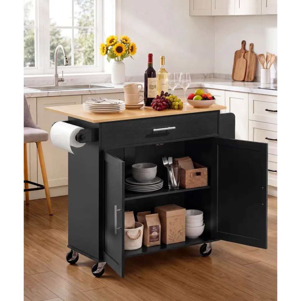 VEVOR Kitchen Island Cart with Storage, 42.4 in Wide Mobile Rolling Storage Island on Swivel Wheels, with 3 Drawers, Storage Cabinet, Drop Leaf, Towel Rack, Table for Home Dining Room, Black