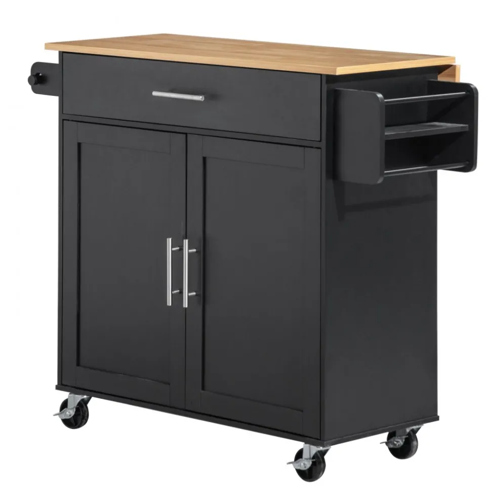 VEVOR Kitchen Island Cart with Storage, 42.4 in Wide Mobile Rolling Storage Island on Swivel Wheels, with 3 Drawers, Storage Cabinet, Drop Leaf, Towel Rack, Table for Home Dining Room, Black