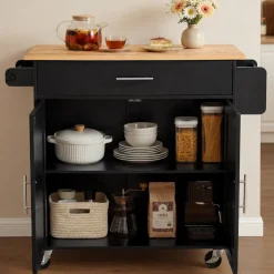 VEVOR Kitchen Island Cart with Storage, 42.4 in Wide Mobile Rolling Storage Island on Swivel Wheels, with 3 Drawers, Storage Cabinet, Drop Leaf, Towel Rack, Table for Home Dining Room, Black