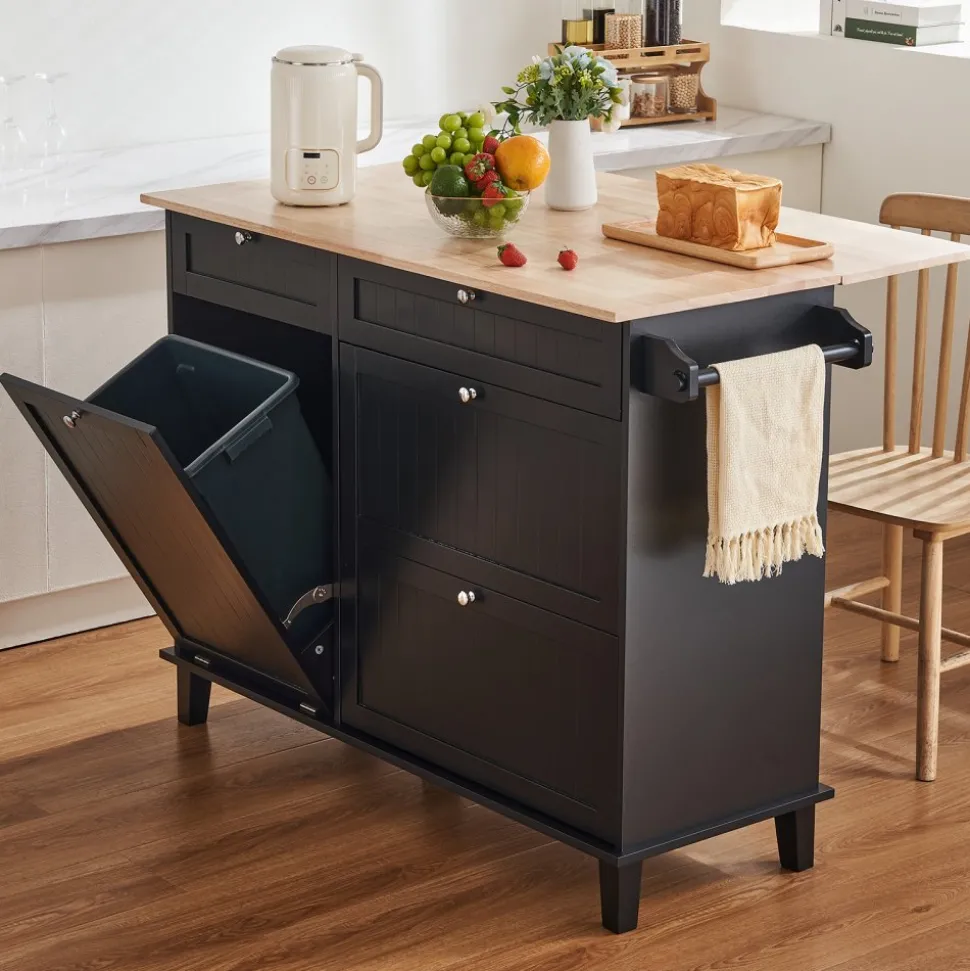VEVOR Kitchen Island Cart, 50" Wood Top Breakfast Bar with Trash Cabinet Tilt Out 10 Gallon Storage, Farmhouse Dining Living Room Table with Drop Leaf, Towel Bar, Drawer, Black