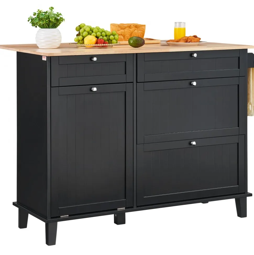VEVOR Kitchen Island Cart, 50" Wood Top Breakfast Bar with Trash Cabinet Tilt Out 10 Gallon Storage, Farmhouse Dining Living Room Table with Drop Leaf, Towel Bar, Drawer, Black
