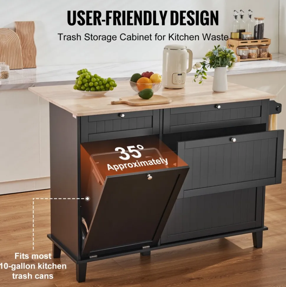 VEVOR Kitchen Island Cart, 50" Wood Top Breakfast Bar with Trash Cabinet Tilt Out 10 Gallon Storage, Farmhouse Dining Living Room Table with Drop Leaf, Towel Bar, Drawer, Black