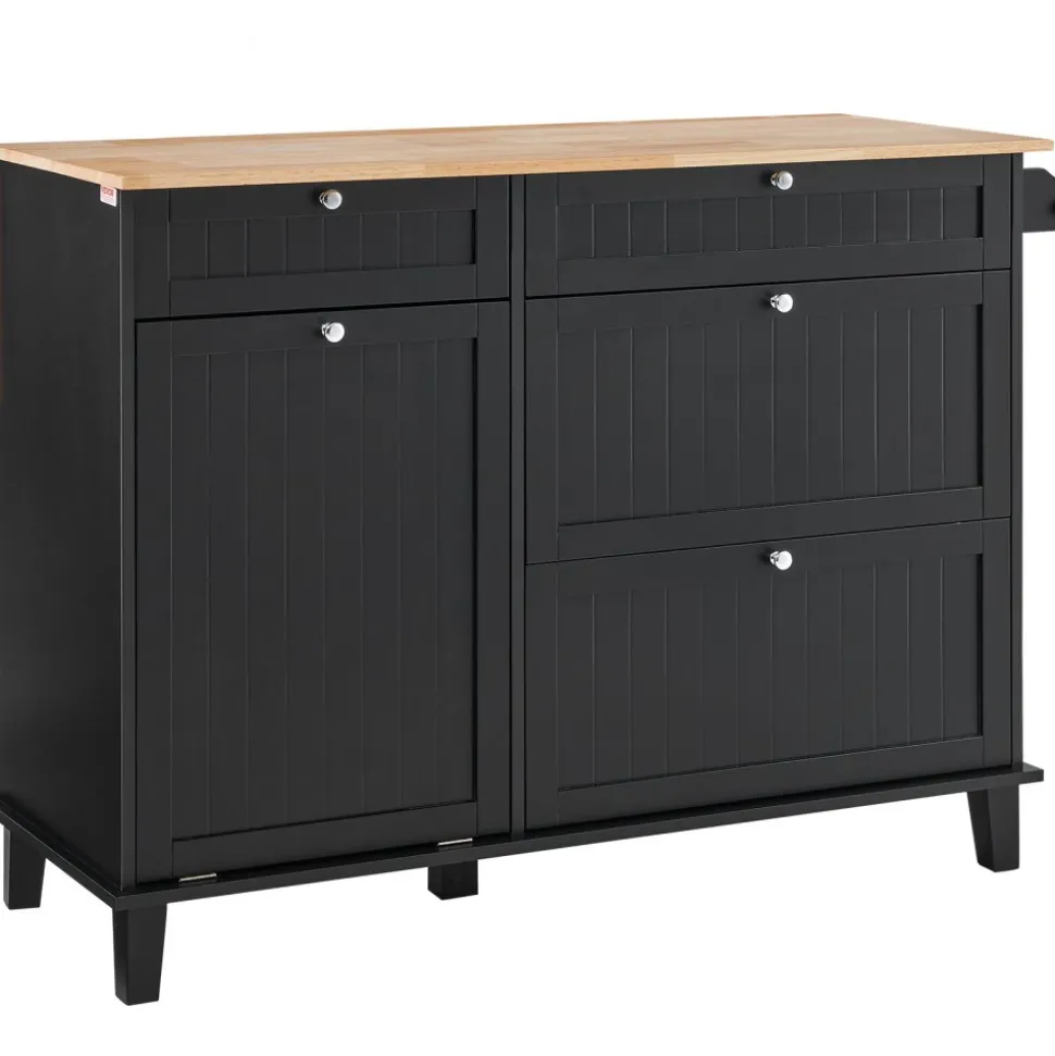VEVOR Kitchen Island Cart, 50" Wood Top Breakfast Bar with Trash Cabinet Tilt Out 10 Gallon Storage, Farmhouse Dining Living Room Table with Drop Leaf, Towel Bar, Drawer, Black