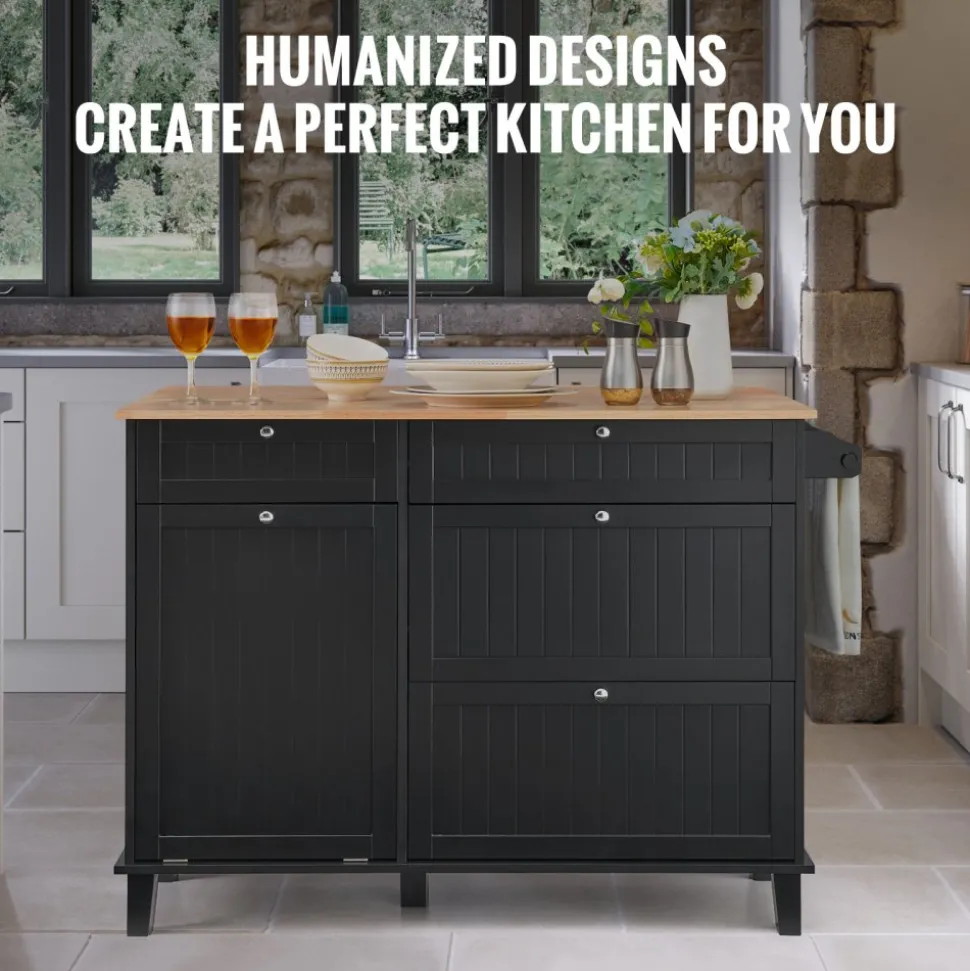 VEVOR Kitchen Island Cart, 50" Wood Top Breakfast Bar with Trash Cabinet Tilt Out 10 Gallon Storage, Farmhouse Dining Living Room Table with Drop Leaf, Towel Bar, Drawer, Black