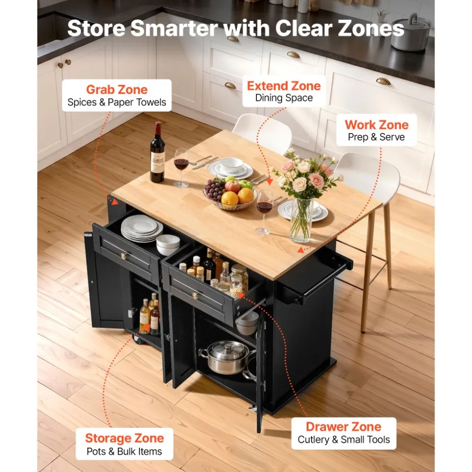 VEVOR Kitchen Island Cart, 43" Wood Top Mobile Carts with Storage Cabinet, Rolling Table with Drop Leaf, Spice Rack, Towel Bar, Adjustable Shelf, Drawer, and Hooks, Portable Islands on Wheels, Black