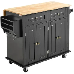 VEVOR Kitchen Island Cart, 43" Wood Top Mobile Carts with Storage Cabinet, Rolling Table with Drop Leaf, Spice Rack, Towel Bar, Adjustable Shelf, Drawer, and Hooks, Portable Islands on Wheels, Black