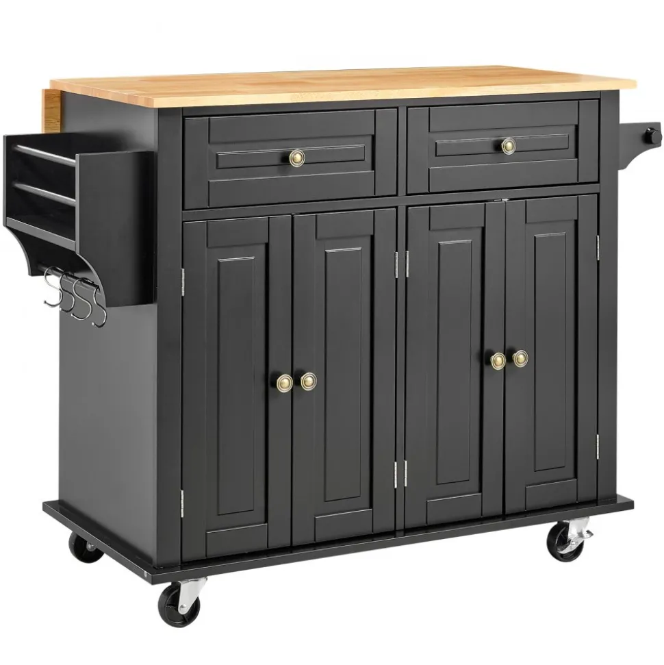 VEVOR Kitchen Island Cart, 43" Wood Top Mobile Carts with Storage Cabinet, Rolling Table with Drop Leaf, Spice Rack, Towel Bar, Adjustable Shelf, Drawer, and Hooks, Portable Islands on Wheels, Black