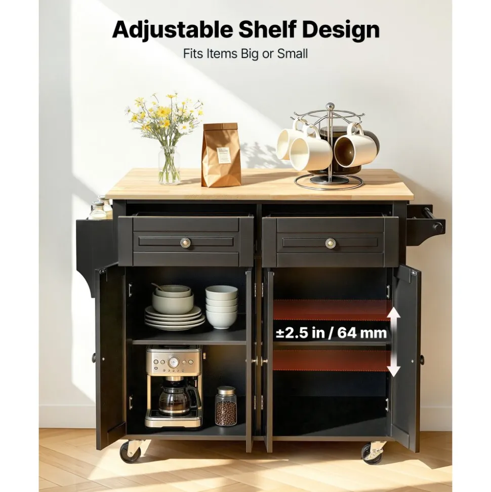 VEVOR Kitchen Island Cart, 43" Wood Top Mobile Carts with Storage Cabinet, Rolling Table with Drop Leaf, Spice Rack, Towel Bar, Adjustable Shelf, Drawer, and Hooks, Portable Islands on Wheels, Black