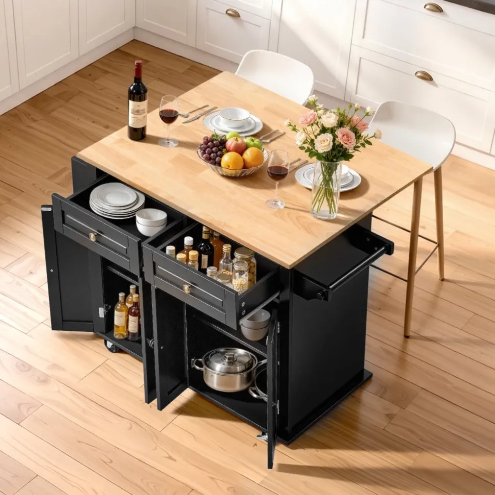 VEVOR Kitchen Island Cart, 43" Wood Top Mobile Carts with Storage Cabinet, Rolling Table with Drop Leaf, Spice Rack, Towel Bar, Adjustable Shelf, Drawer, and Hooks, Portable Islands on Wheels, Black