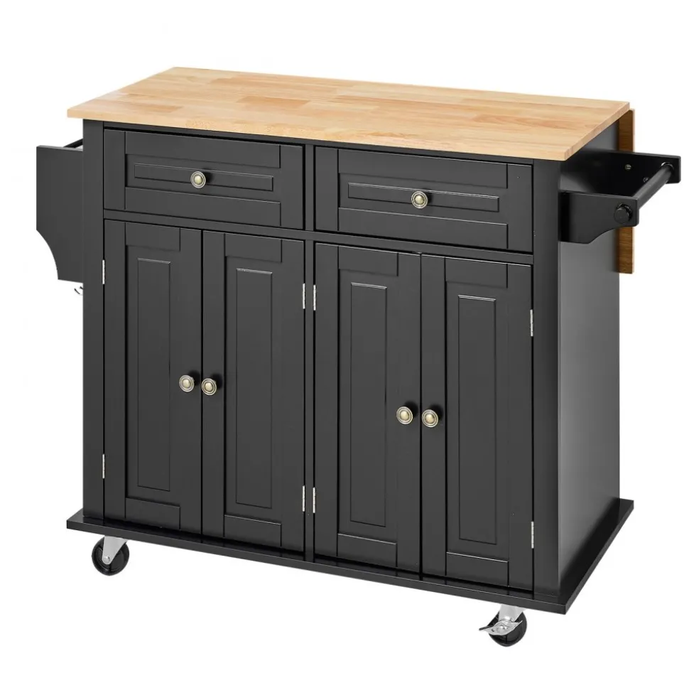 VEVOR Kitchen Island Cart, 43" Wood Top Mobile Carts with Storage Cabinet, Rolling Table with Drop Leaf, Spice Rack, Towel Bar, Adjustable Shelf, Drawer, and Hooks, Portable Islands on Wheels, Black