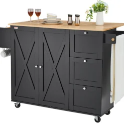 VEVOR Kitchen Island Cart, 56" Wood Top Mobile Carts with Storage Cabinet, Rolling Table with Drop Leaf, Spice Rack, Towel Bar, Adjustable Shelf, Drawer, and Hooks, Portable Islands on Wheels, Black