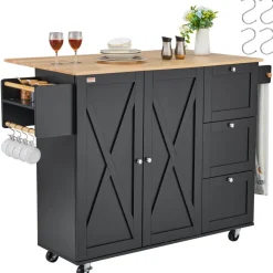 VEVOR Kitchen Island Cart, 56" Wood Top Mobile Carts with Storage Cabinet, Rolling Table with Drop Leaf, Spice Rack, Towel Bar, Adjustable Shelf, Drawer, and Hooks, Portable Islands on Wheels, Black