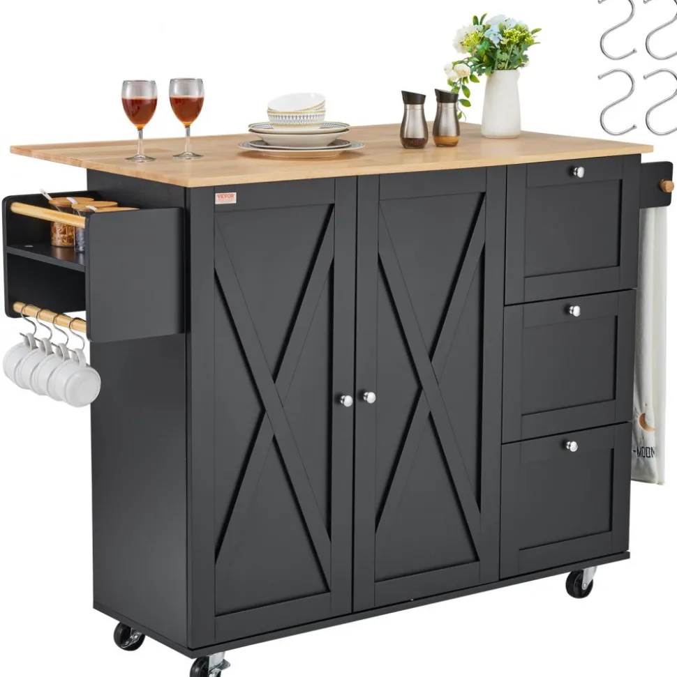 VEVOR Kitchen Island Cart, 56" Wood Top Mobile Carts with Storage Cabinet, Rolling Table with Drop Leaf, Spice Rack, Towel Bar, Adjustable Shelf, Drawer, and Hooks, Portable Islands on Wheels, Black
