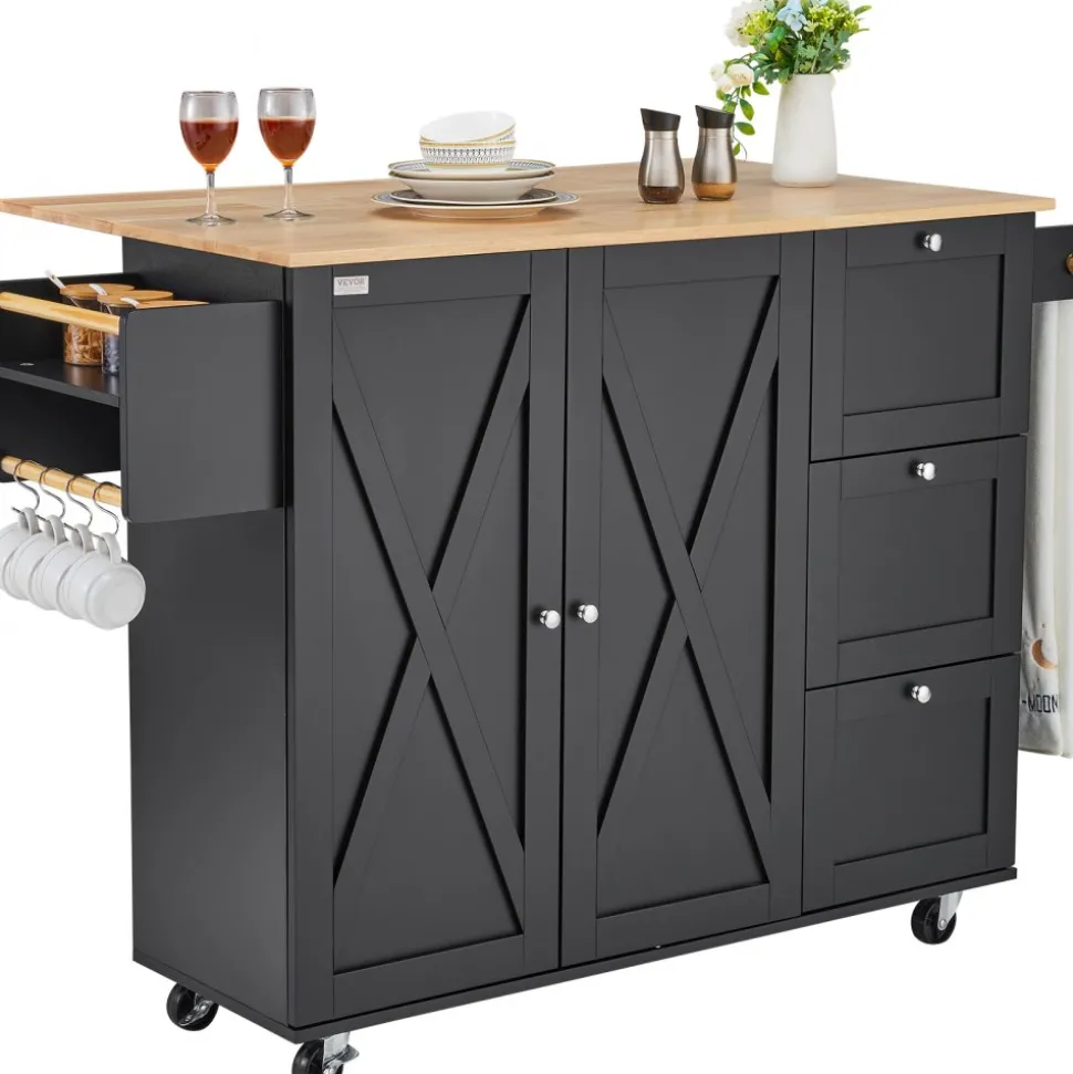 VEVOR Kitchen Island Cart, 56" Wood Top Mobile Carts with Storage Cabinet, Rolling Table with Drop Leaf, Spice Rack, Towel Bar, Adjustable Shelf, Drawer, and Hooks, Portable Islands on Wheels, Black