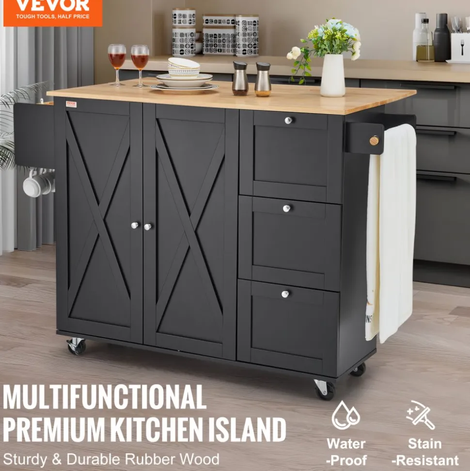 VEVOR Kitchen Island Cart, 56" Wood Top Mobile Carts with Storage Cabinet, Rolling Table with Drop Leaf, Spice Rack, Towel Bar, Adjustable Shelf, Drawer, and Hooks, Portable Islands on Wheels, Black