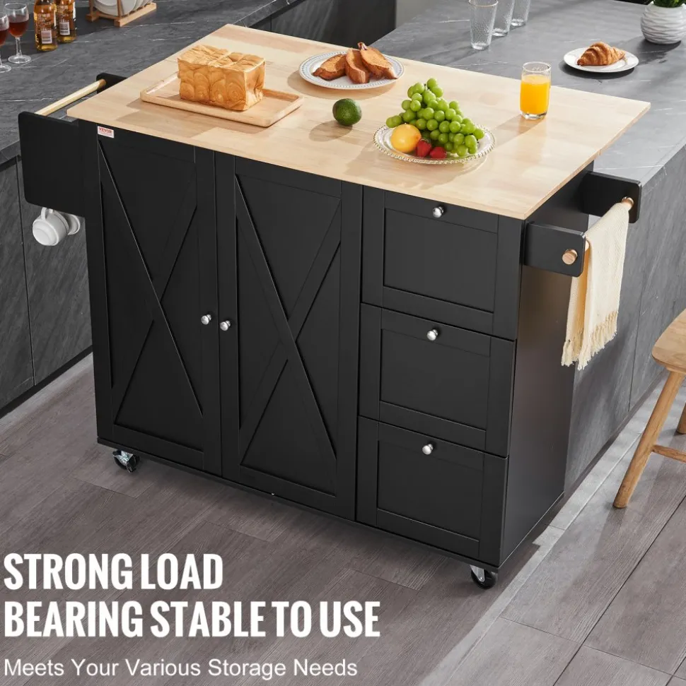 VEVOR Kitchen Island Cart, 56" Wood Top Mobile Carts with Storage Cabinet, Rolling Table with Drop Leaf, Spice Rack, Towel Bar, Adjustable Shelf, Drawer, and Hooks, Portable Islands on Wheels, Black