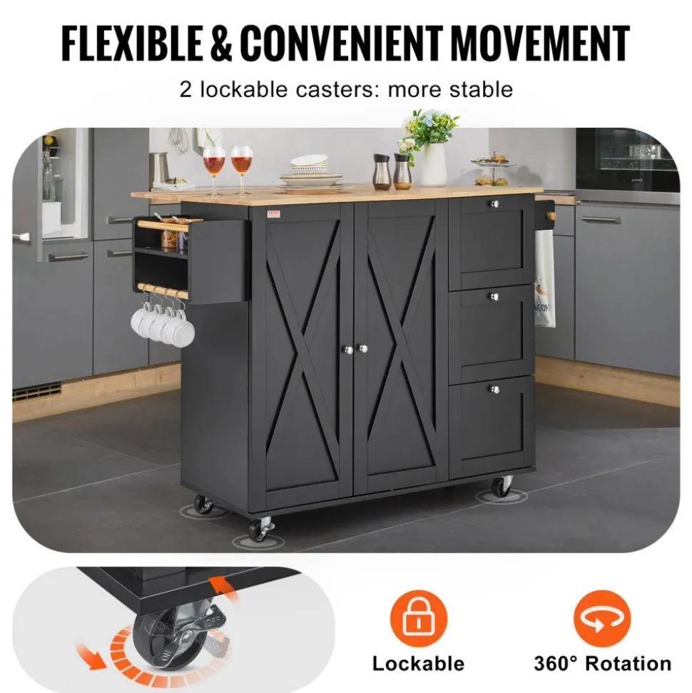 VEVOR Kitchen Island Cart, 56" Wood Top Mobile Carts with Storage Cabinet, Rolling Table with Drop Leaf, Spice Rack, Towel Bar, Adjustable Shelf, Drawer, and Hooks, Portable Islands on Wheels, Black