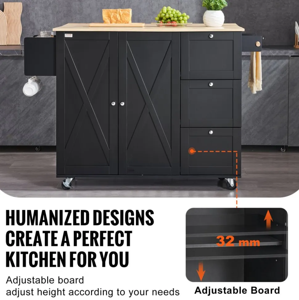 VEVOR Kitchen Island Cart, 56" Wood Top Mobile Carts with Storage Cabinet, Rolling Table with Drop Leaf, Spice Rack, Towel Bar, Adjustable Shelf, Drawer, and Hooks, Portable Islands on Wheels, Black