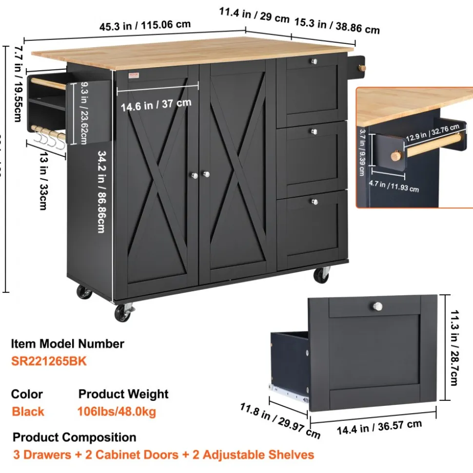 VEVOR Kitchen Island Cart, 56" Wood Top Mobile Carts with Storage Cabinet, Rolling Table with Drop Leaf, Spice Rack, Towel Bar, Adjustable Shelf, Drawer, and Hooks, Portable Islands on Wheels, Black