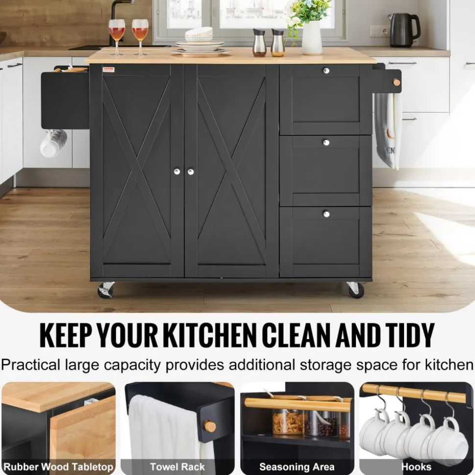 VEVOR Kitchen Island Cart, 56" Wood Top Mobile Carts with Storage Cabinet, Rolling Table with Drop Leaf, Spice Rack, Towel Bar, Adjustable Shelf, Drawer, and Hooks, Portable Islands on Wheels, Black