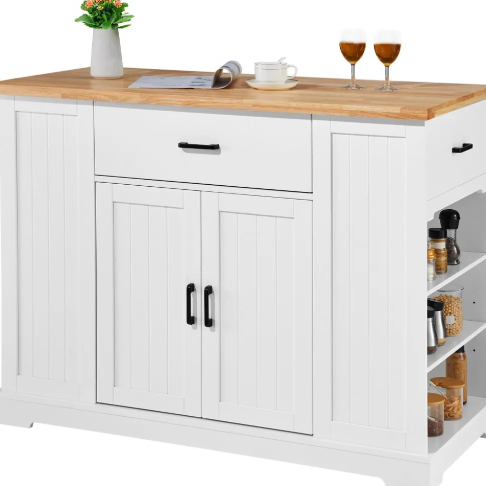 VEVOR Kitchen Island Cart, 46" Wood Top Breakfast Bar with Storage Cabinet, Farmhouse Kitchen Table with Adjustable Shelf, Drawer, for Dining Kitchen Living Room, White
