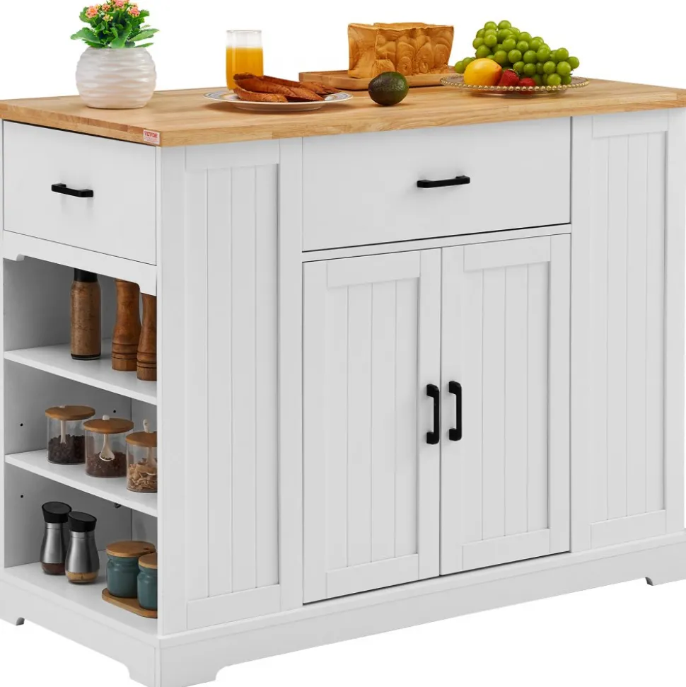 VEVOR Kitchen Island Cart, 46" Wood Top Breakfast Bar with Storage Cabinet, Farmhouse Kitchen Table with Adjustable Shelf, Drawer, for Dining Kitchen Living Room, White