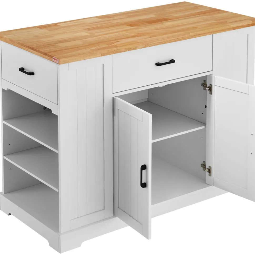 VEVOR Kitchen Island Cart, 46" Wood Top Breakfast Bar with Storage Cabinet, Farmhouse Kitchen Table with Adjustable Shelf, Drawer, for Dining Kitchen Living Room, White