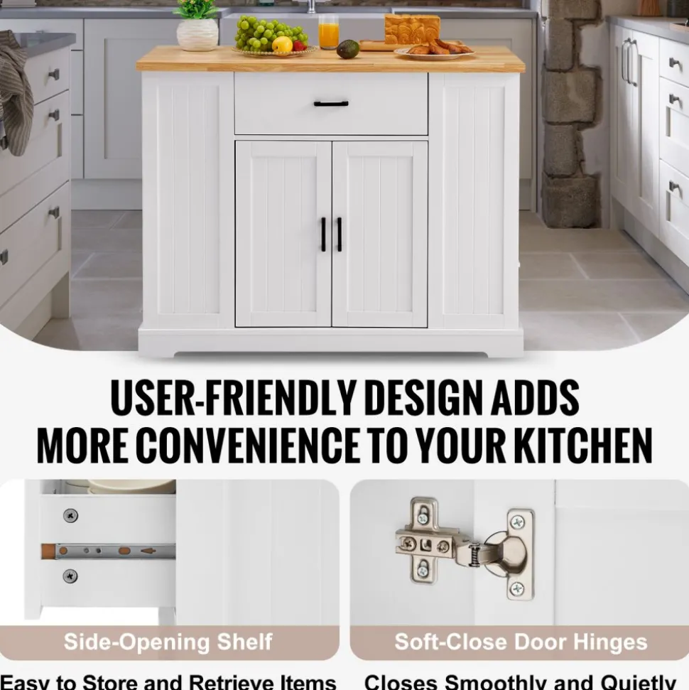VEVOR Kitchen Island Cart, 46" Wood Top Breakfast Bar with Storage Cabinet, Farmhouse Kitchen Table with Adjustable Shelf, Drawer, for Dining Kitchen Living Room, White