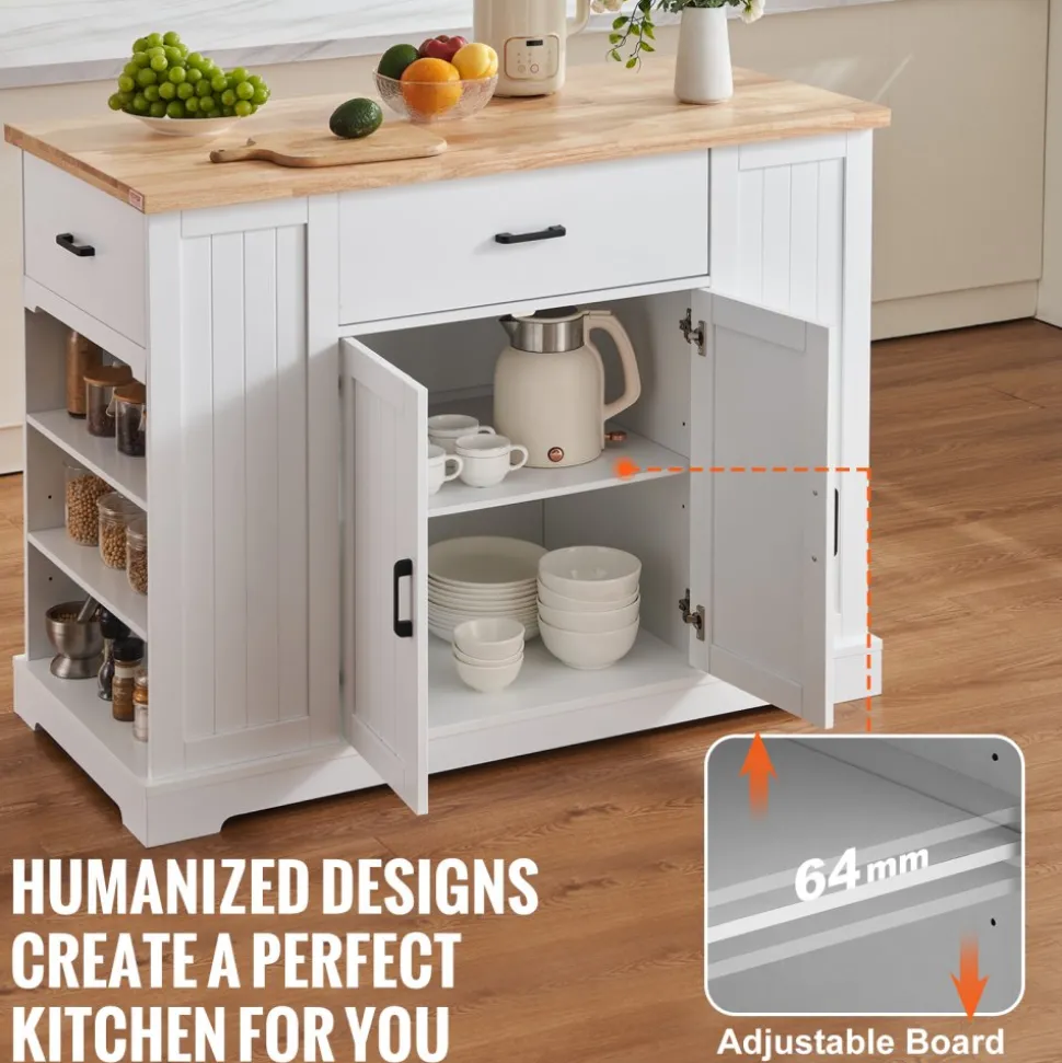 VEVOR Kitchen Island Cart, 46" Wood Top Breakfast Bar with Storage Cabinet, Farmhouse Kitchen Table with Adjustable Shelf, Drawer, for Dining Kitchen Living Room, White