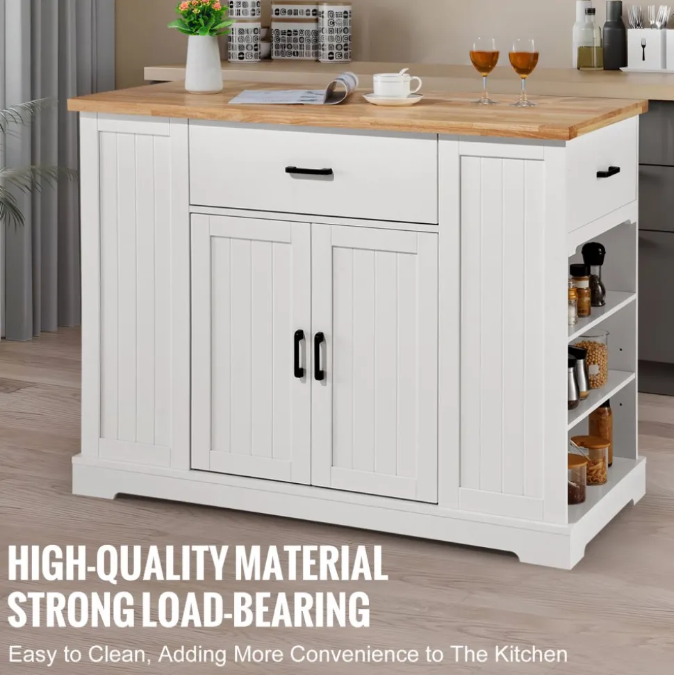 VEVOR Kitchen Island Cart, 46" Wood Top Breakfast Bar with Storage Cabinet, Farmhouse Kitchen Table with Adjustable Shelf, Drawer, for Dining Kitchen Living Room, White