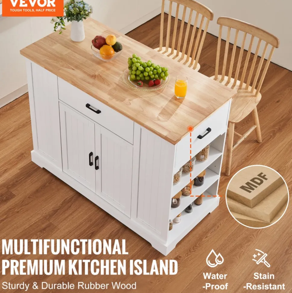 VEVOR Kitchen Island Cart, 46" Wood Top Breakfast Bar with Storage Cabinet, Farmhouse Kitchen Table with Adjustable Shelf, Drawer, for Dining Kitchen Living Room, White