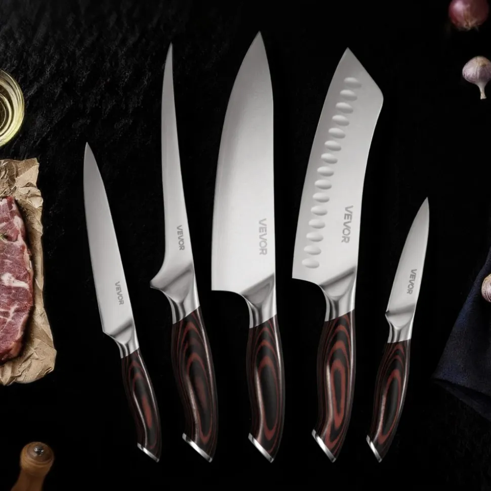 VEVOR Kitchen Knife Set, 5 Piece High Carbon Stainless Steel Sharp Knife Set, Durable and Rust-Resistant, Professional Kitchen Cutlery with Ergonomic Crack-Resistant Handle, for Precise Cutting