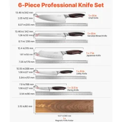 VEVOR Kitchen Knife Set, 6 Piece High Carbon Stainless Steel Sharp Knife Set, Professional Kitchen Cutlery with Ergonomic Crack-Resistant Handle, and Walnut Finish Powerful Magnetic Knives Holder