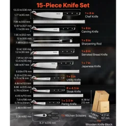 VEVOR Kitchen Knife Set with Block and Sharpener, 15 Piece High Carbon Stainless Steel Sharp Knife Set, Kitchen Cutlery with Ergonomic Handle, Sharpening Rod and Premium Wooden Block, for Home Cooks