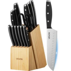 VEVOR Kitchen Knife Set with Block and Sharpener, 15 Piece High Carbon Stainless Steel Sharp Knife Set, Kitchen Cutlery with Ergonomic Handle, Sharpening Rod and Premium Wooden Block, for Home Cooks