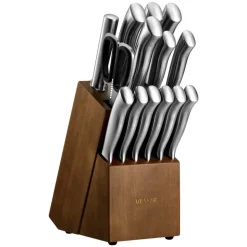 VEVOR Kitchen Knife Set with Block and Sharpener, 15 Piece German High Carbon Stainless Steel  Sharp Knife Set, Kitchen Cutlery with Ergonomic Handle, Sharpening Rod and Wooden Block, for Home Cooks