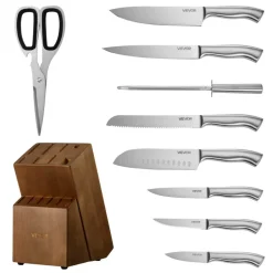 VEVOR Kitchen Knife Set with Block and Sharpener, 15 Piece German High Carbon Stainless Steel  Sharp Knife Set, Kitchen Cutlery with Ergonomic Handle, Sharpening Rod and Wooden Block, for Home Cooks