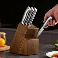 VEVOR Kitchen Knife Set with Block and Sharpener, 15 Piece German High Carbon Stainless Steel  Sharp Knife Set, Kitchen Cutlery with Ergonomic Handle, Sharpening Rod and Wooden Block, for Home Cooks