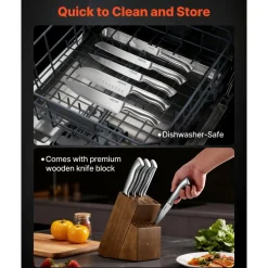 VEVOR Kitchen Knife Set with Block and Sharpener, 15 Piece German High Carbon Stainless Steel  Sharp Knife Set, Kitchen Cutlery with Ergonomic Handle, Sharpening Rod and Wooden Block, for Home Cooks