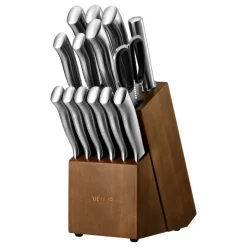 VEVOR Kitchen Knife Set with Block and Sharpener, 15 Piece German High Carbon Stainless Steel  Sharp Knife Set, Kitchen Cutlery with Ergonomic Handle, Sharpening Rod and Wooden Block, for Home Cooks