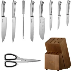VEVOR Kitchen Knife Set with Block and Sharpener, 15 Piece German High Carbon Stainless Steel  Sharp Knife Set, Kitchen Cutlery with Ergonomic Handle, Sharpening Rod and Wooden Block, for Home Cooks
