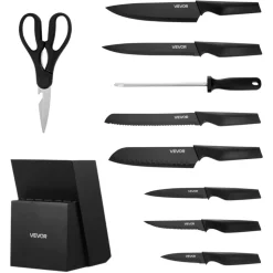 VEVOR Kitchen Knife Set with Block and Sharpener, 15 Piece German High Carbon Stainless Steel Knife Set, Kitchen Cutlery with PP Ergonomic Handle, Sharpening Rod and Wooden Block, for Home Cooks