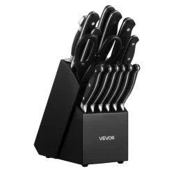 VEVOR Kitchen Knife Set with Block and Sharpener, 15 Piece High Carbon Stainless Steel Sharp Knife Set, Kitchen Cutlery with Crack-Resistant Handle, Sharpening Rod and Wooden Block, for Home Cooks