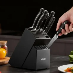 VEVOR Kitchen Knife Set with Block and Sharpener, 15 Piece High Carbon Stainless Steel Sharp Knife Set, Kitchen Cutlery with Crack-Resistant Handle, Sharpening Rod and Wooden Block, for Home Cooks