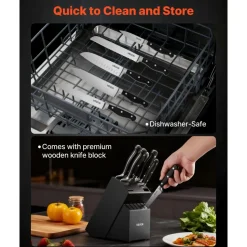 VEVOR Kitchen Knife Set with Block and Sharpener, 15 Piece High Carbon Stainless Steel Sharp Knife Set, Kitchen Cutlery with Crack-Resistant Handle, Sharpening Rod and Wooden Block, for Home Cooks