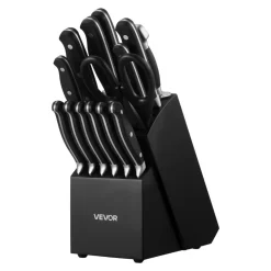 VEVOR Kitchen Knife Set with Block and Sharpener, 15 Piece High Carbon Stainless Steel Sharp Knife Set, Kitchen Cutlery with Crack-Resistant Handle, Sharpening Rod and Wooden Block, for Home Cooks