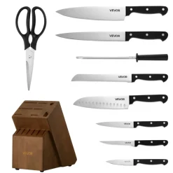 VEVOR Kitchen Knife Set with Block and Sharpener, 15 Piece German High Carbon Stainless Steel Knife Set, Kitchen Cutlery with ABS Ergonomic Handle, Sharpening Rod and Wooden Block, for Home Cooks
