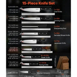 VEVOR Kitchen Knife Set with Block and Sharpener, 15 Piece German High Carbon Stainless Steel Knife Set, Kitchen Cutlery with ABS Ergonomic Handle, Sharpening Rod and Wooden Block, for Home Cooks