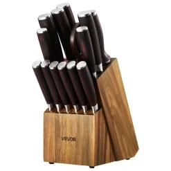 VEVOR Kitchen Knife Set with Block and Sharpener, 15 Piece High Carbon Stainless Steel Knife Set, Rust-Resistant Kitchen Cutlery with Ergonomic Handle, Sharpening Rod & Premium Wooden Block, for Home