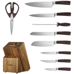 VEVOR Kitchen Knife Set with Block and Sharpener, 15 Piece High Carbon Stainless Steel Knife Set, Rust-Resistant Kitchen Cutlery with Ergonomic Handle, Sharpening Rod & Premium Wooden Block, for Home